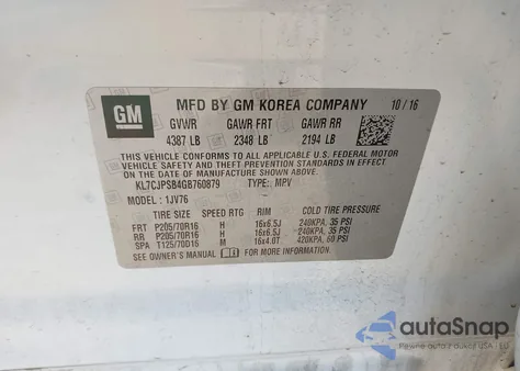 2016 Chevrolet Trax Lt из США, поврежденный, VIN KL7CJPSB4GB760879